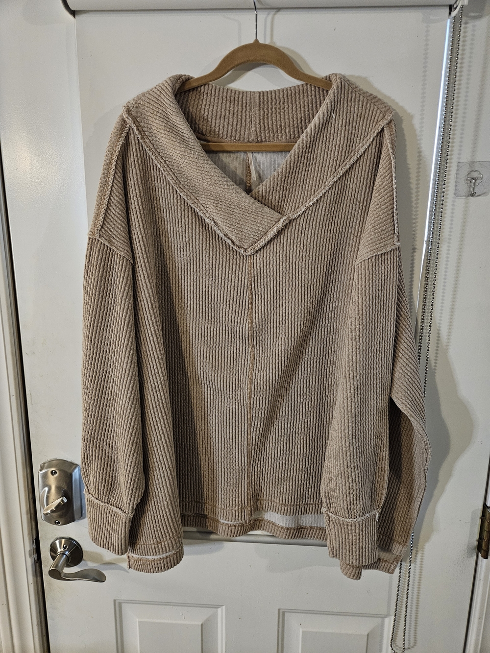 Free People Ribbed V-Neck Pullover in Beige
